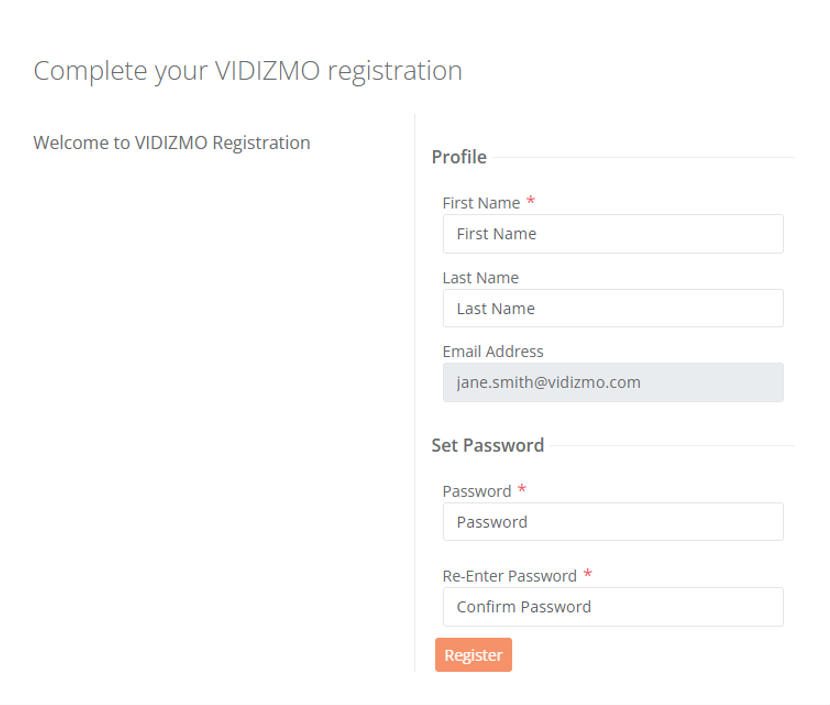 Registration form showing profile and password fields